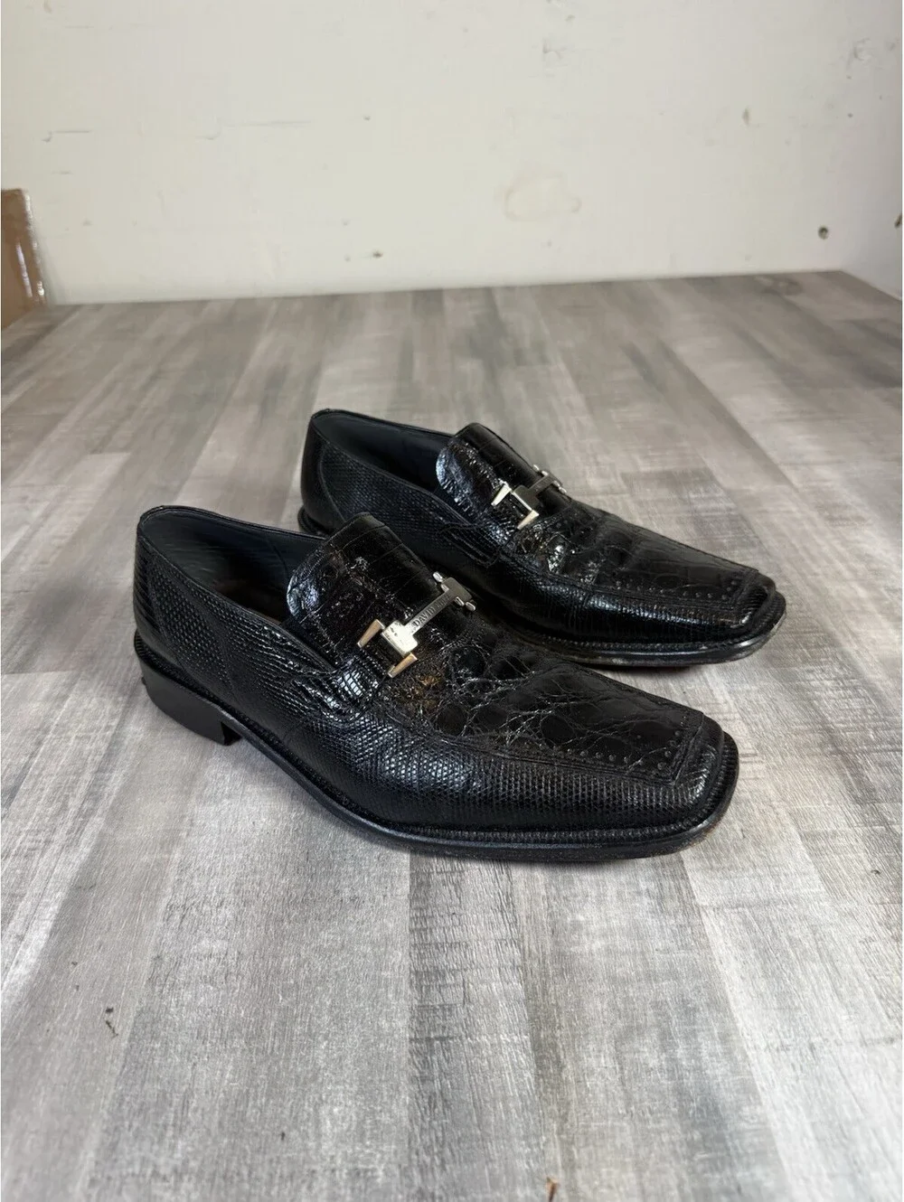 David Eden Crocodile Leather Dress Shoe Black Square Toe Metal Horsebit Men’s 10